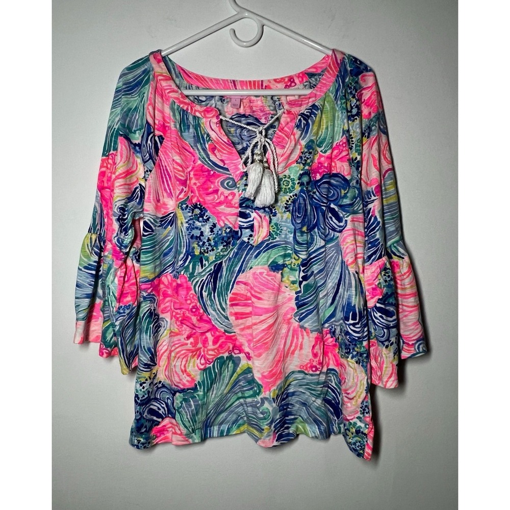 Lilly Pulitzer Pink Floral V-Neck 3/4 Bell Sleeve Tassel Top Size L